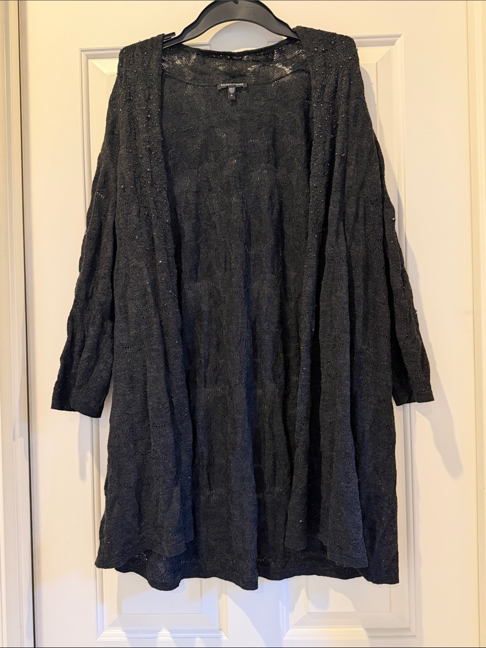 Eileen Fisher Long Black Open-Front Sparkle Knit Cardigan